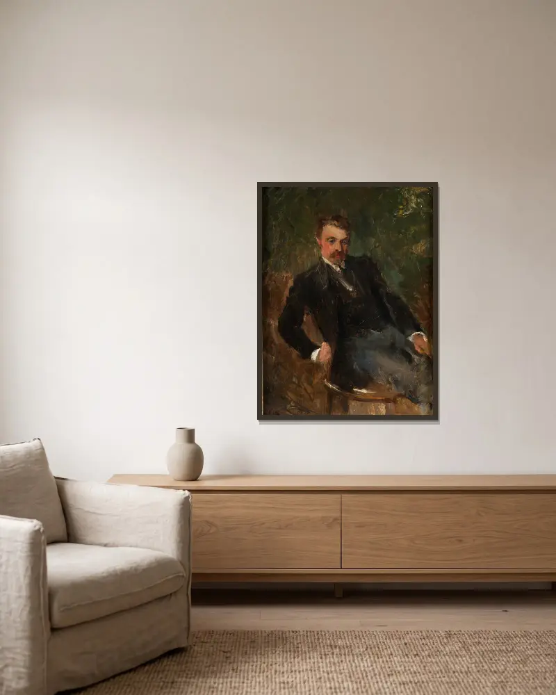 Portrait of Juhani Aho, 1890 av Venny Soldan-Brofeldt inramad på en vägg