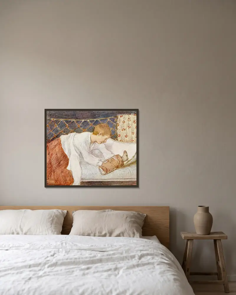 Erwachender Junge mit Geschenk von Venny Soldan-Brofeldt gerahmt an einer Wand