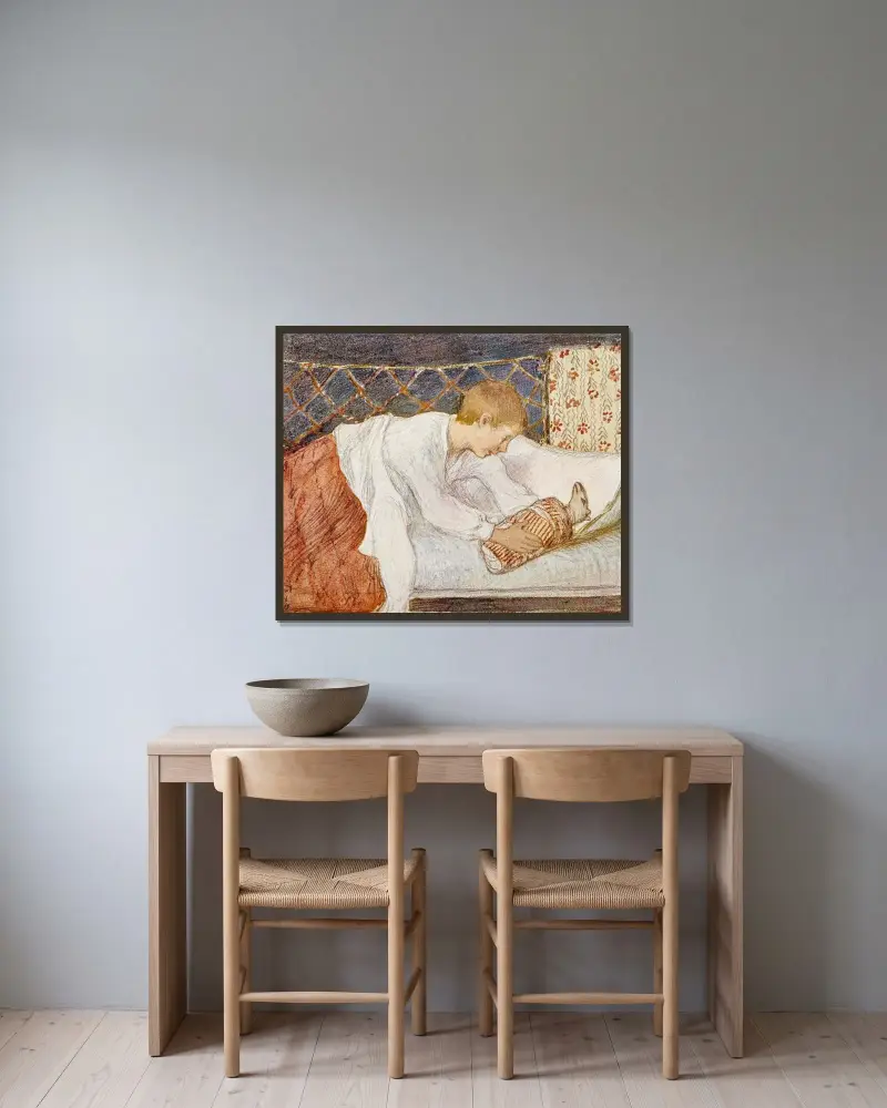 Erwachender Junge mit Geschenk von Venny Soldan-Brofeldt gerahmt an einer Wand