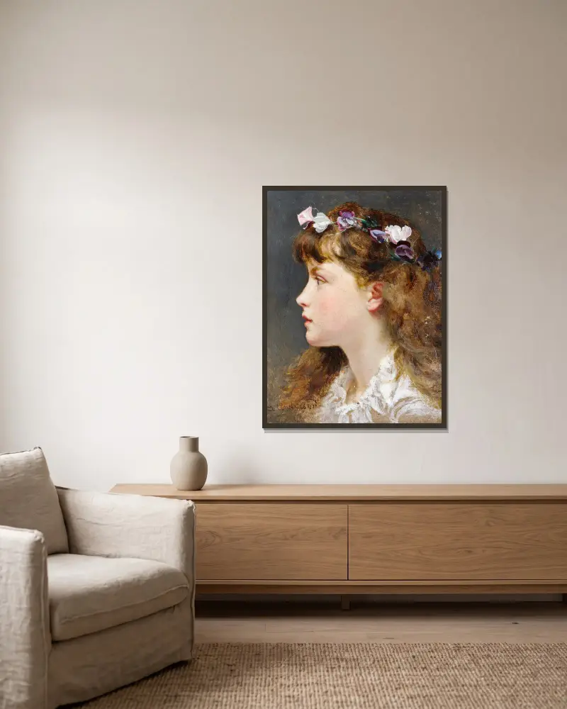 A young girl with a garland of flowers in her hair av Sophie Anderson inramad på en vägg