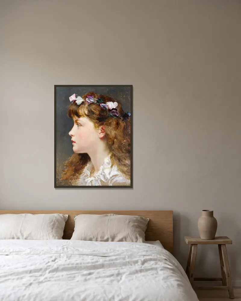 A young girl with a garland of flowers in her hair av Sophie Anderson inramad på en vägg