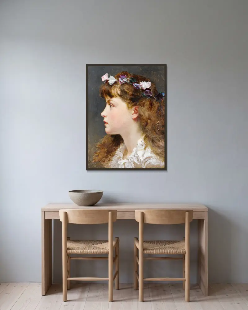 A young girl with a garland of flowers in her hair av Sophie Anderson inramad på en vägg