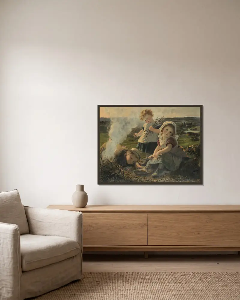 Das Freudenfeuer von Sophie Anderson gerahmt an einer Wand
