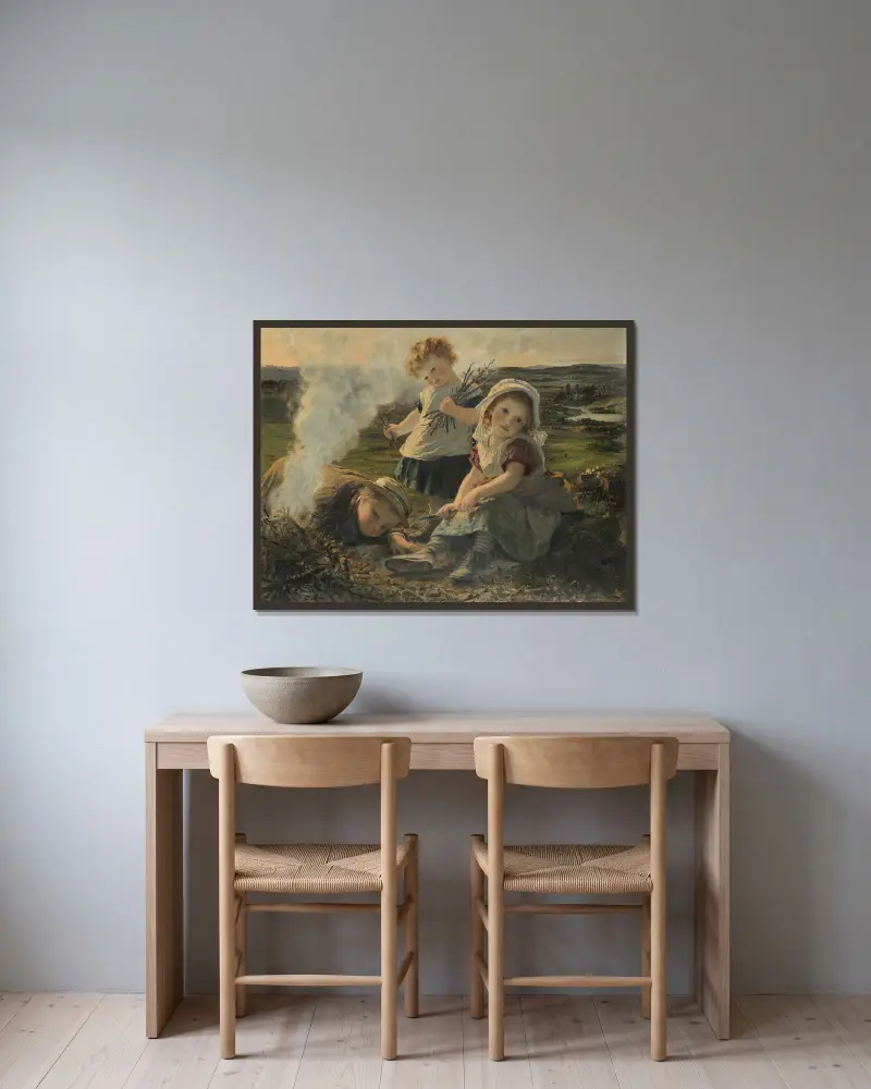 Das Freudenfeuer von Sophie Anderson gerahmt an einer Wand
