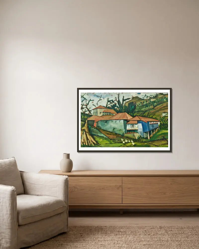 Kleines Haus am Fluss von Amadeo de Souza-Cardoso gerahmt an einer Wand