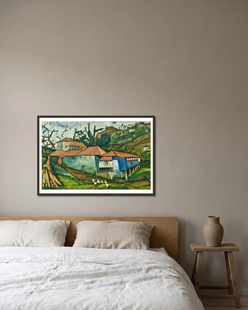 Kleines Haus am Fluss von Amadeo de Souza-Cardoso gerahmt an einer Wand