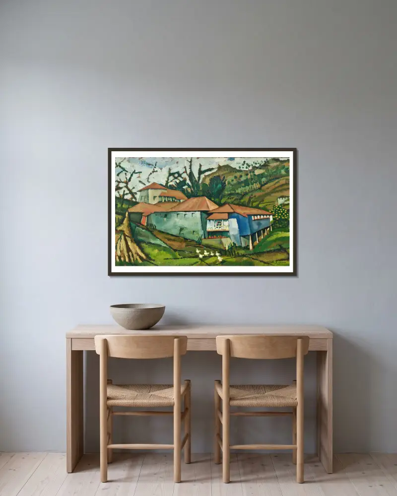 Kleines Haus am Fluss von Amadeo de Souza-Cardoso gerahmt an einer Wand