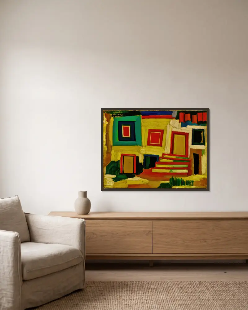 The little bright house – Landscape av Amadeo de Souza-Cardoso inramad på en vägg