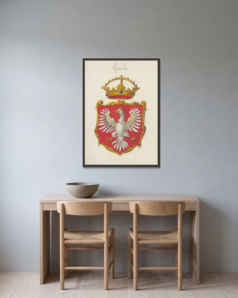 Arma Regni et baronum Poloniae ac M. D. Lithuaniae Pl.001 av Boleslaw Starzyński inramad på en vägg
