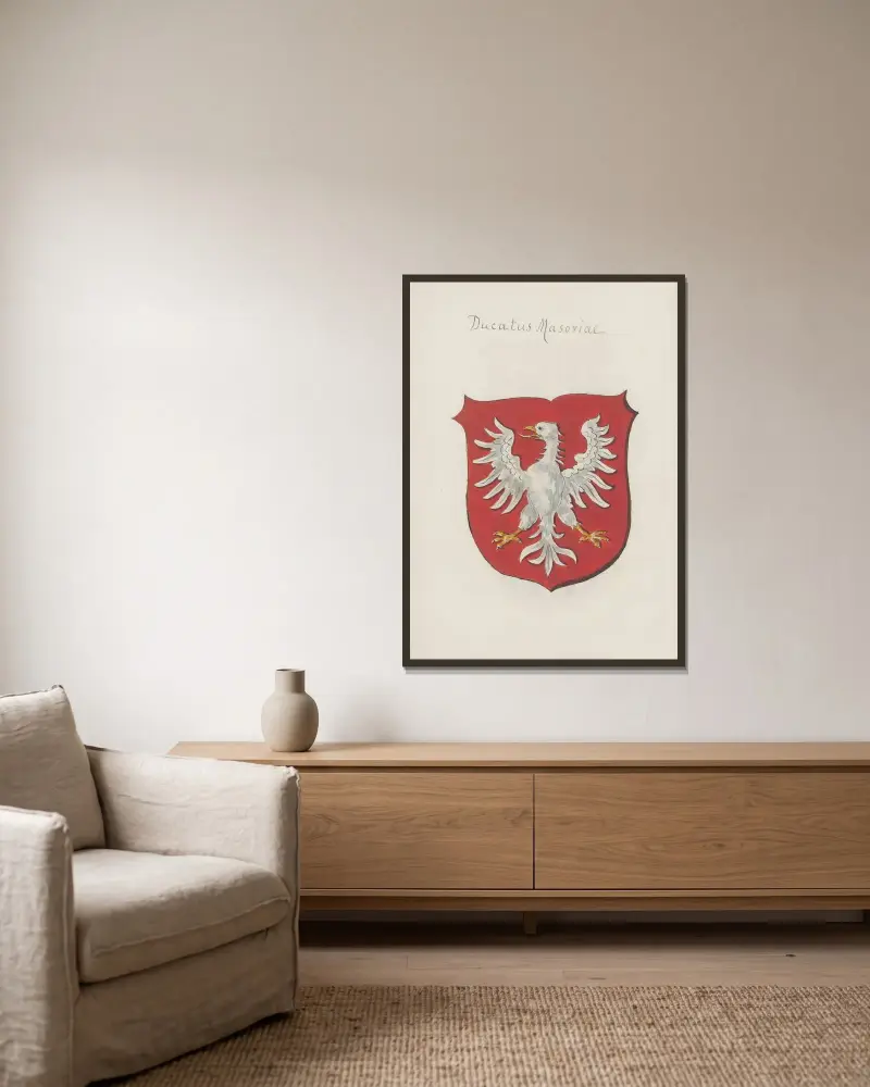 Arma Regni et baronum Poloniae ac M. D. Lithuaniae Pl.005 av Boleslaw Starzyński inramad på en vägg