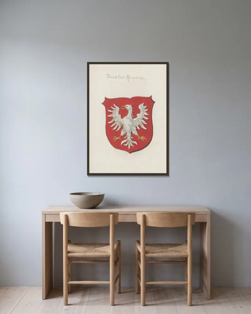 Arma Regni et baronum Poloniae ac M. D. Lithuaniae Pl.005 av Boleslaw Starzyński inramad på en vägg