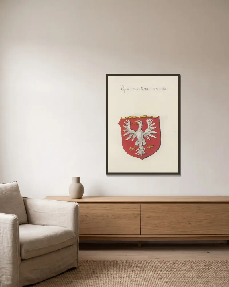 Arma Regni et baronum Poloniae ac M. D. Lithuaniae Pl.008 av Boleslaw Starzyński inramad på en vägg