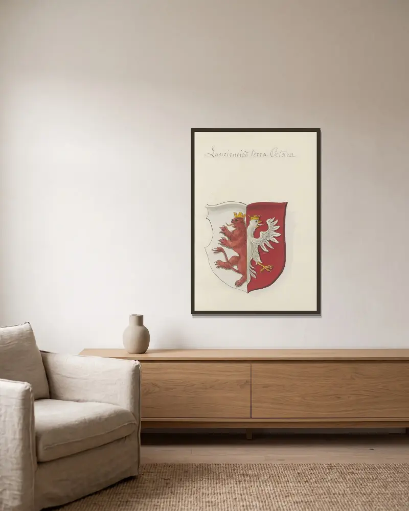 Wappen des Königreichs und der Barone Polens sowie des Großfürstentums Litauen, Tafel 014 von Boleslaw Starzyński gerahmt an einer Wand