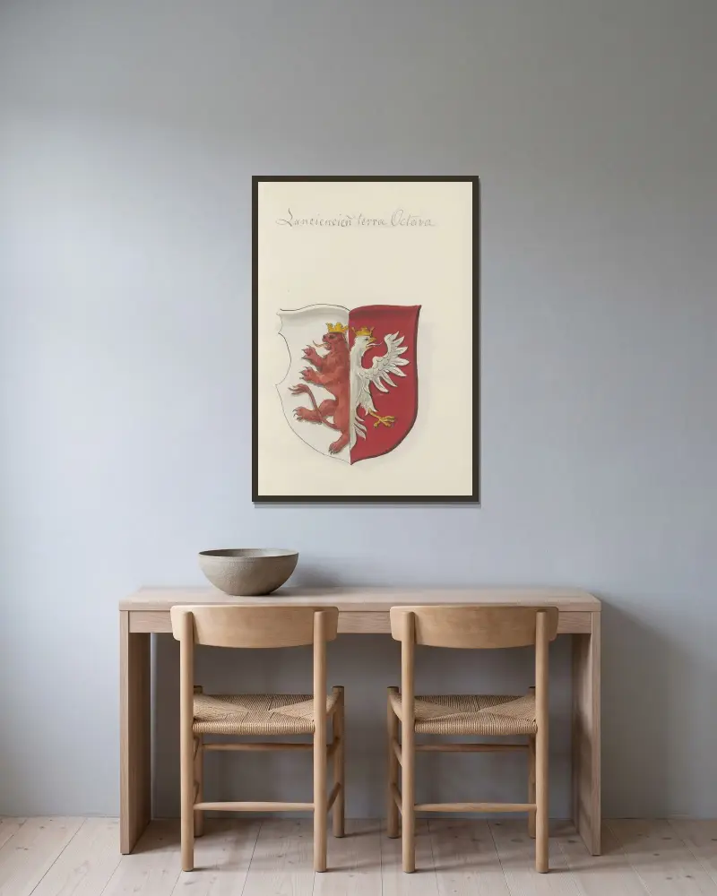 Wappen des Königreichs und der Barone Polens sowie des Großfürstentums Litauen, Tafel 014 von Boleslaw Starzyński gerahmt an einer Wand