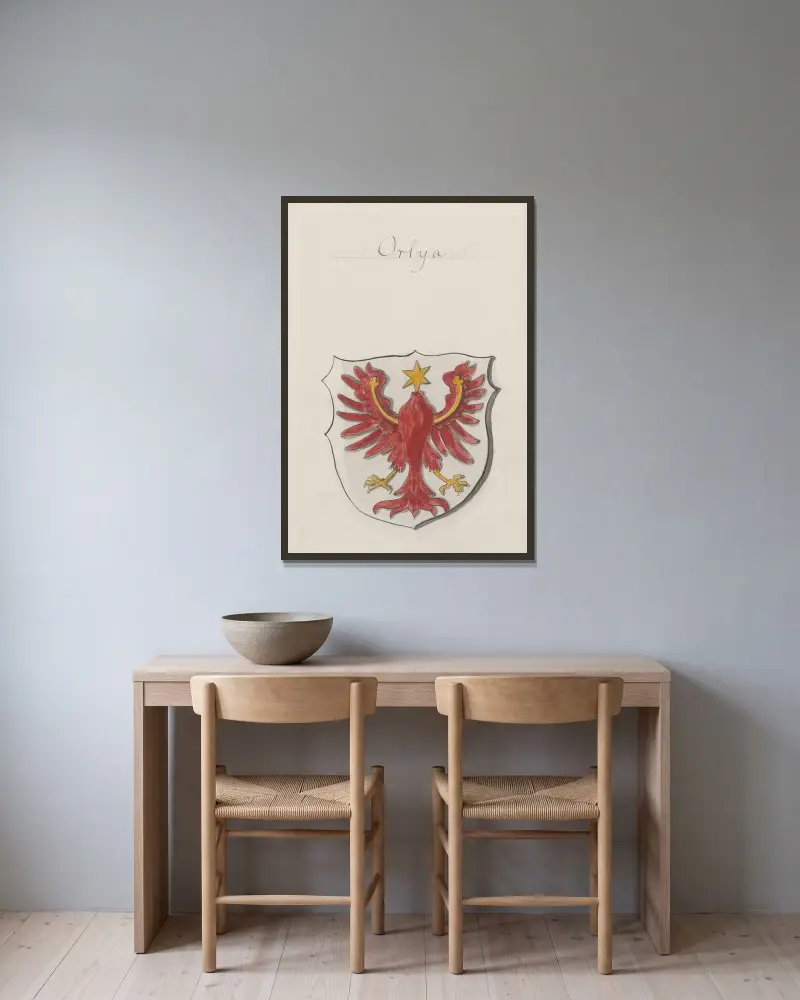 Arma Regni et baronum Poloniae ac M. D. Lithuaniae Pl.031 av Boleslaw Starzyński inramad på en vägg