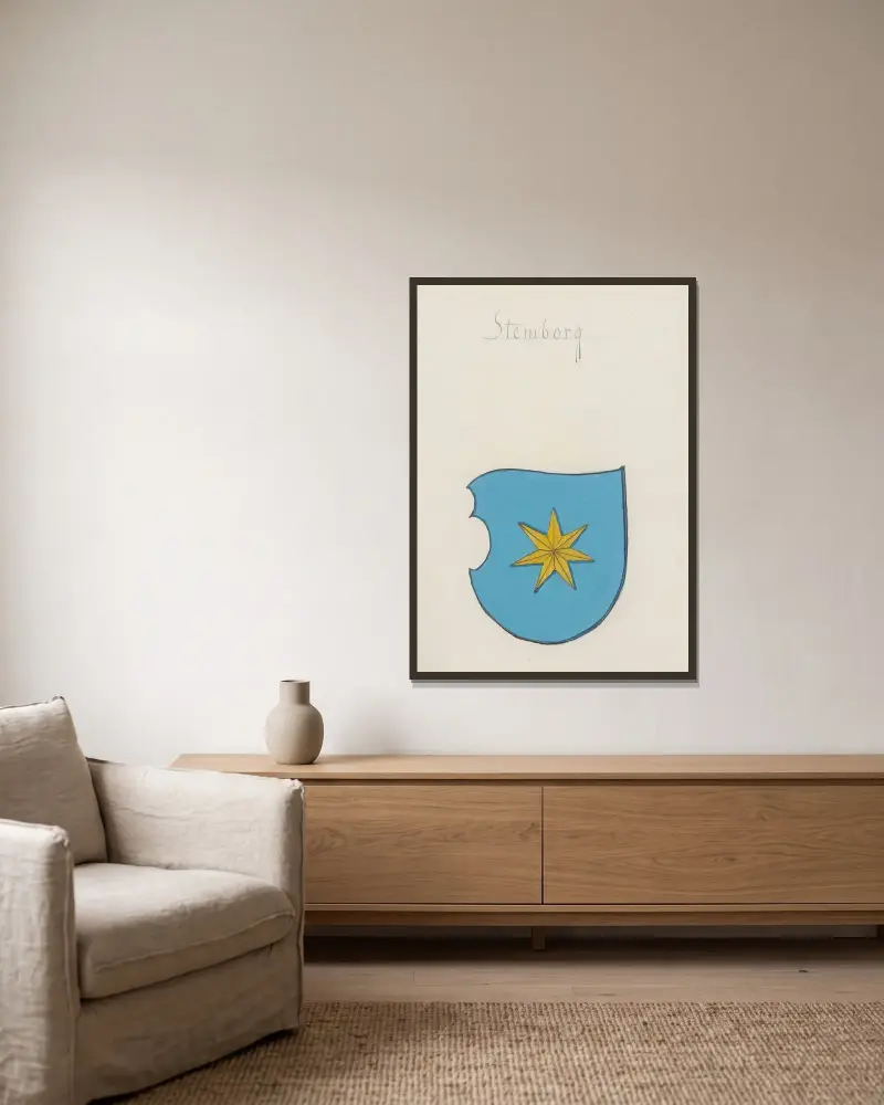 Wappen des Königreichs und der Barone Polens sowie des Großfürstentums Litauen, Tafel 096 von Boleslaw Starzyński gerahmt an einer Wand