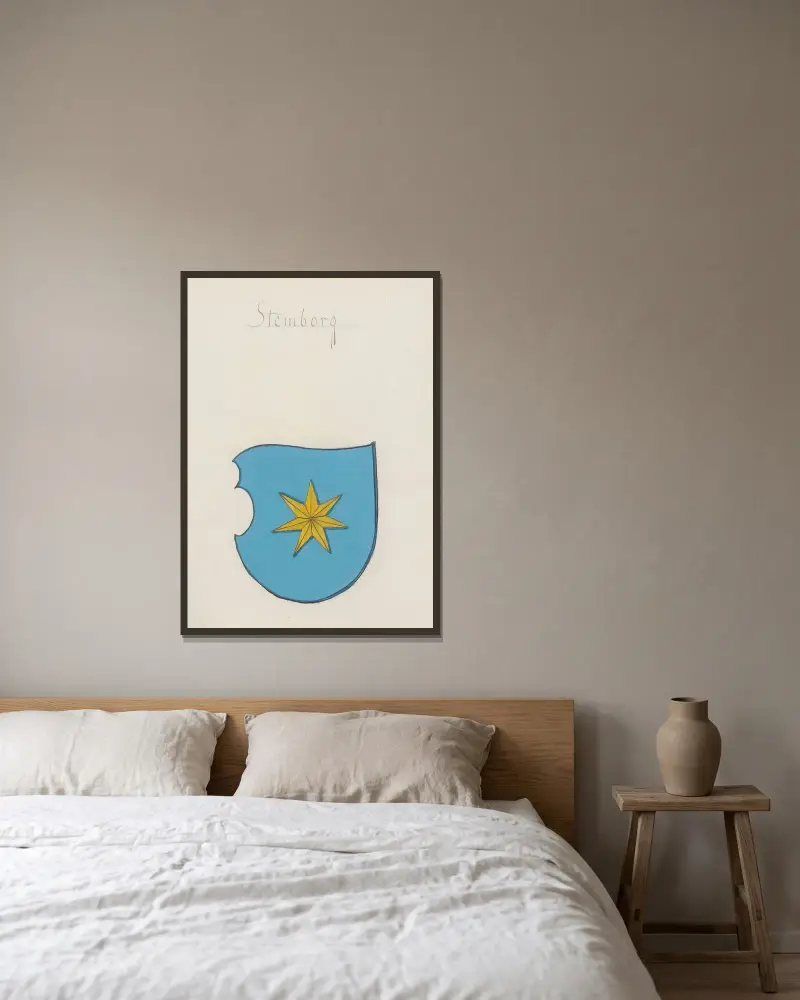 Wappen des Königreichs und der Barone Polens sowie des Großfürstentums Litauen, Tafel 096 von Boleslaw Starzyński gerahmt an einer Wand