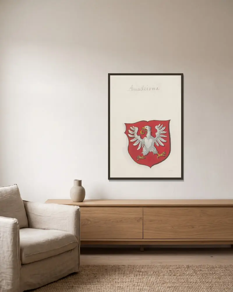 Arma Regni et baronum Poloniae ac M. D. Lithuaniae Pl.100 av Boleslaw Starzyński inramad på en vägg