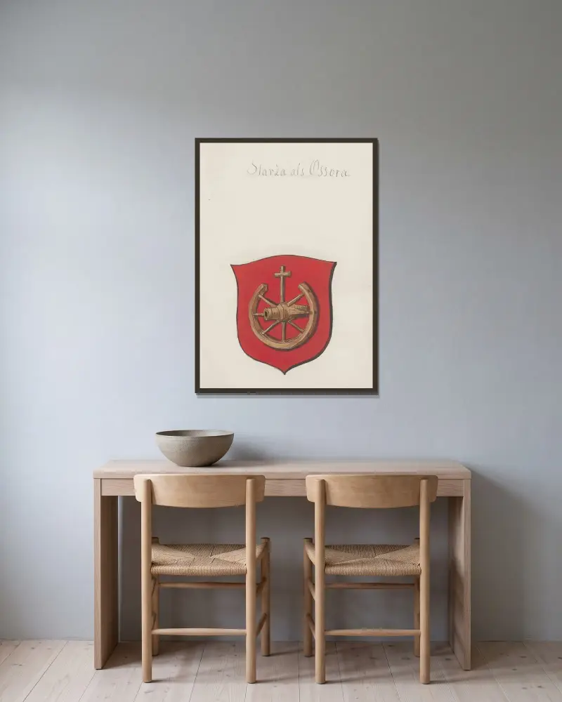 Wappen des Königreichs und des polnischen Adels sowie des Großfürstentums Litauen, Tafel 109 von Boleslaw Starzyński gerahmt an einer Wand