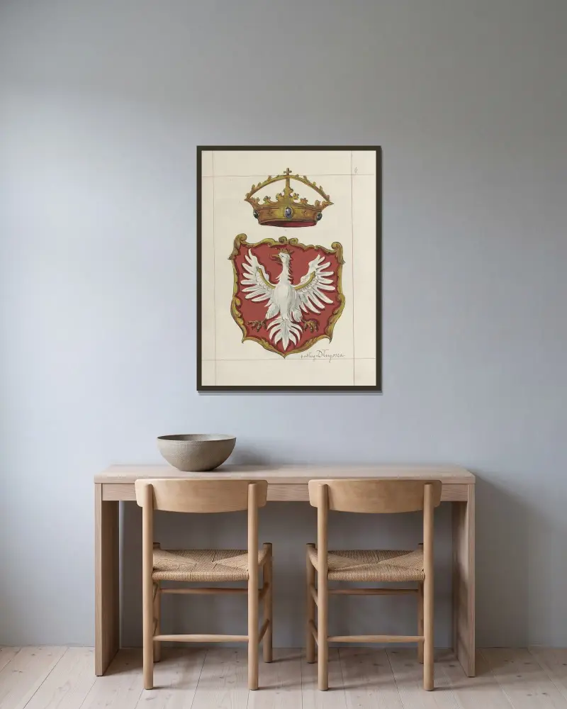 Wappen der Republik Polen und des Großfürstentums Litauen. Bd. 1 Taf. 006 von Boleslaw Starzyński gerahmt an einer Wand