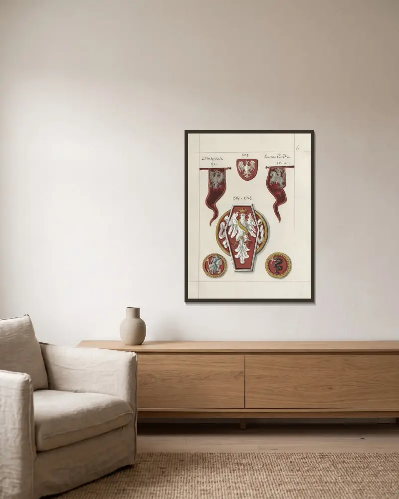 Wappen der Republik Polen und des Großfürstentums Litauen. Bd. 1 Taf. 008 von Boleslaw Starzyński gerahmt an einer Wand