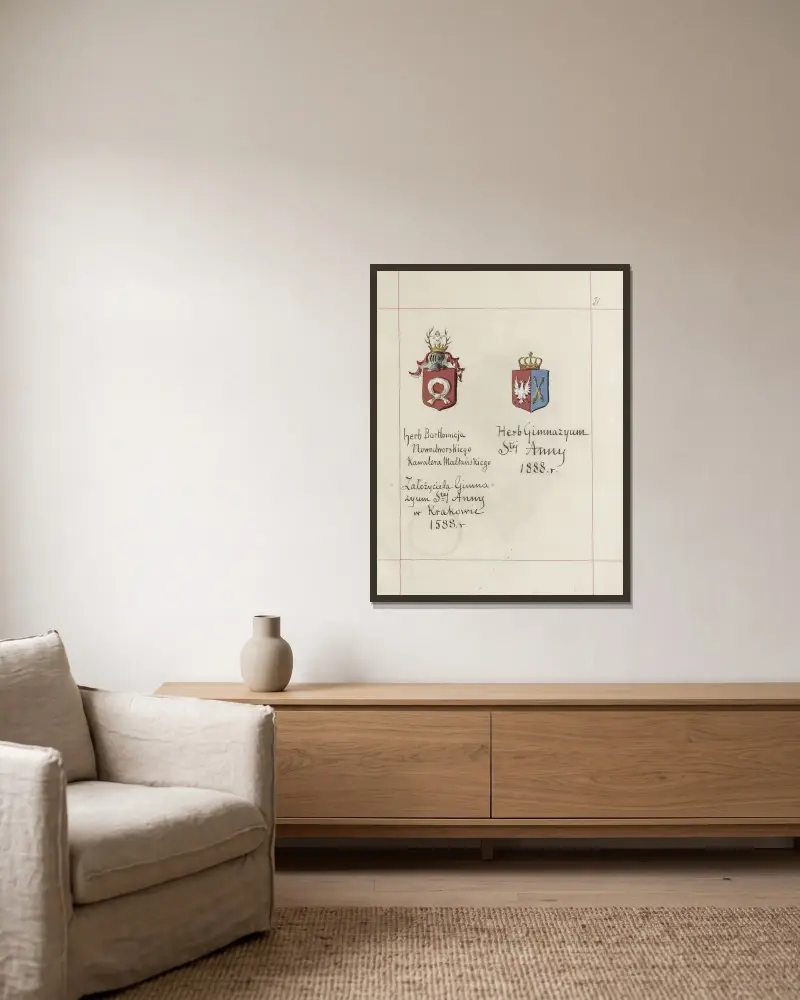 Wappen der Republik Polen und des Großfürstentums Litauen, Bd. 1, Taf. 31 von Boleslaw Starzyński gerahmt an einer Wand