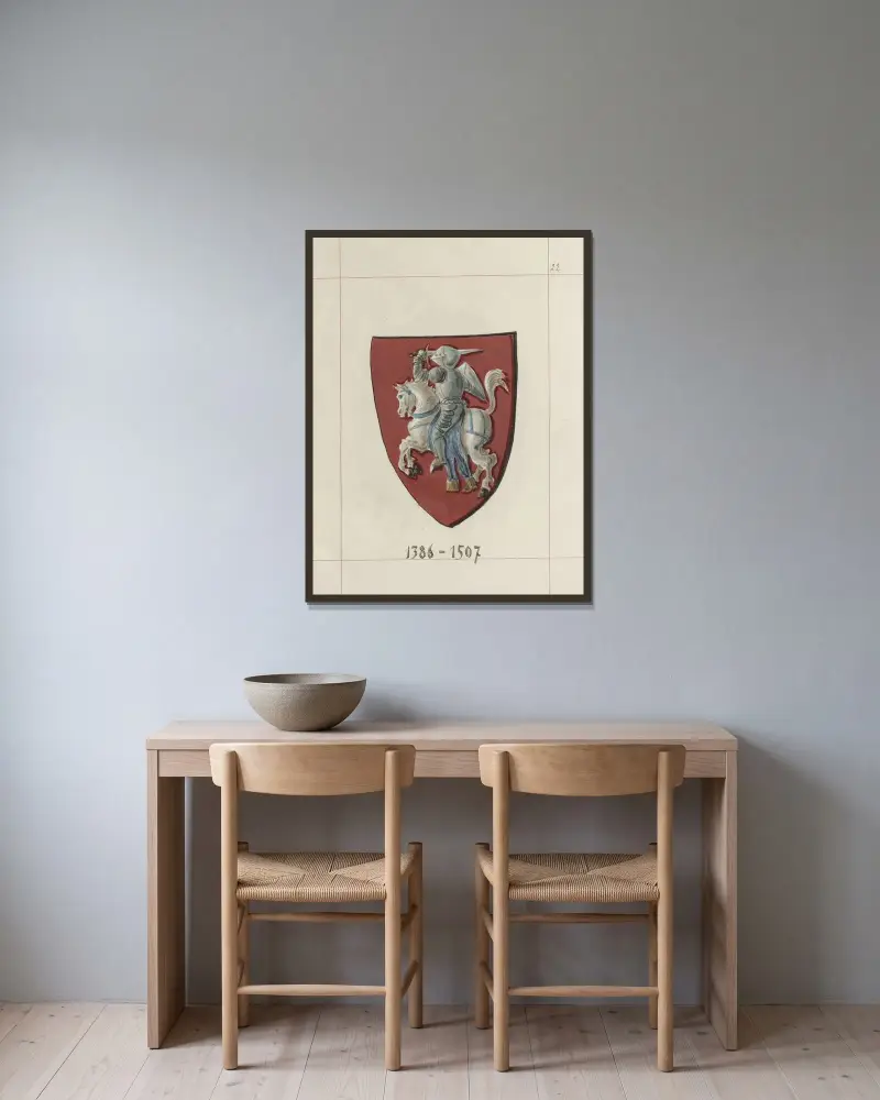 Wappen der Republik Polen und des Großfürstentums Litauen. Bd. 1 Taf. 032 von Boleslaw Starzyński gerahmt an einer Wand