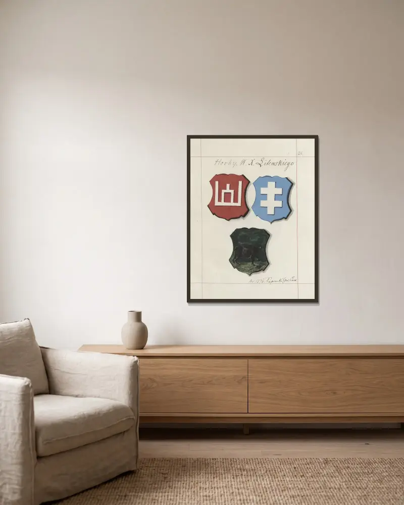 Wappen der Republik Polen und des Großfürstentums Litauen. Bd. 1 Taf. 034 von Boleslaw Starzyński gerahmt an einer Wand