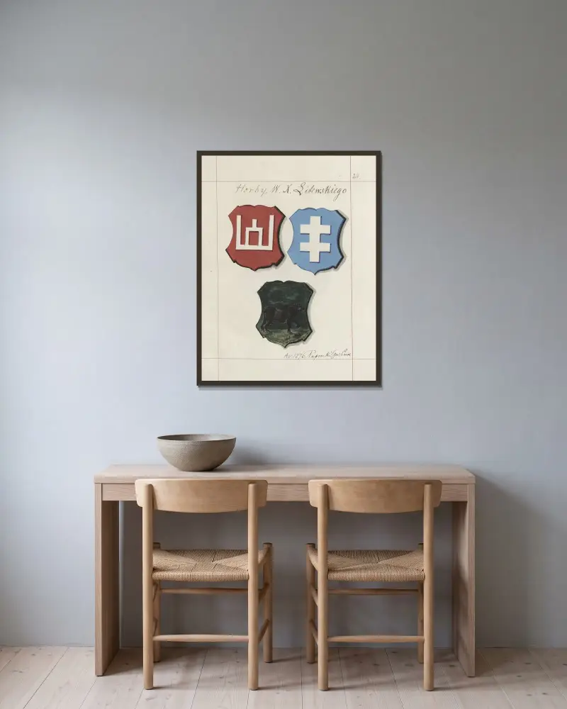 Wappen der Republik Polen und des Großfürstentums Litauen. Bd. 1 Taf. 034 von Boleslaw Starzyński gerahmt an einer Wand