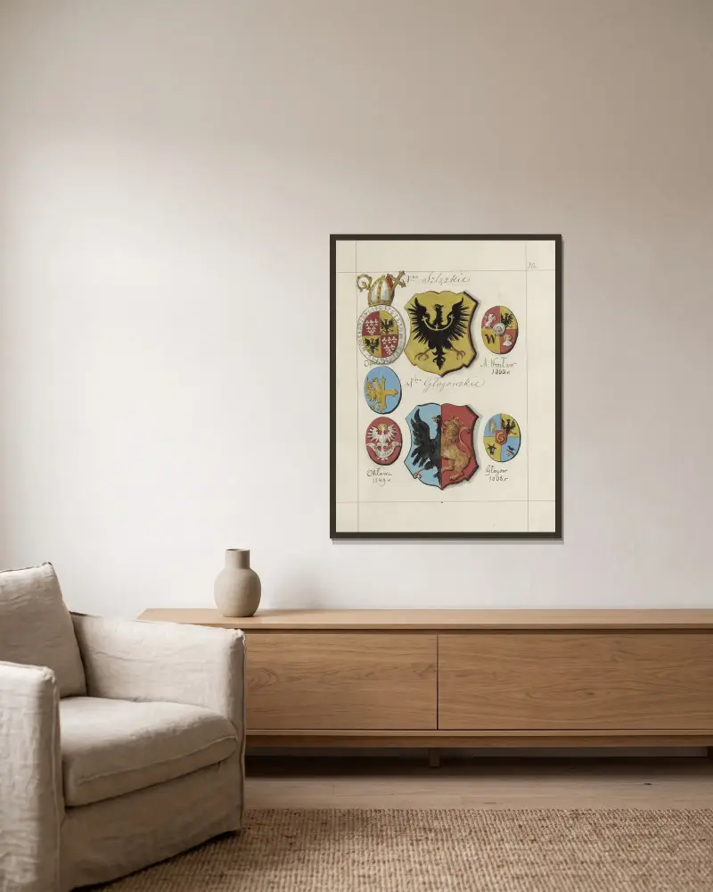 Wappen der Republik Polen und des Großfürstentums Litauen. Bd. 1 Taf. 043 von Boleslaw Starzyński gerahmt an einer Wand