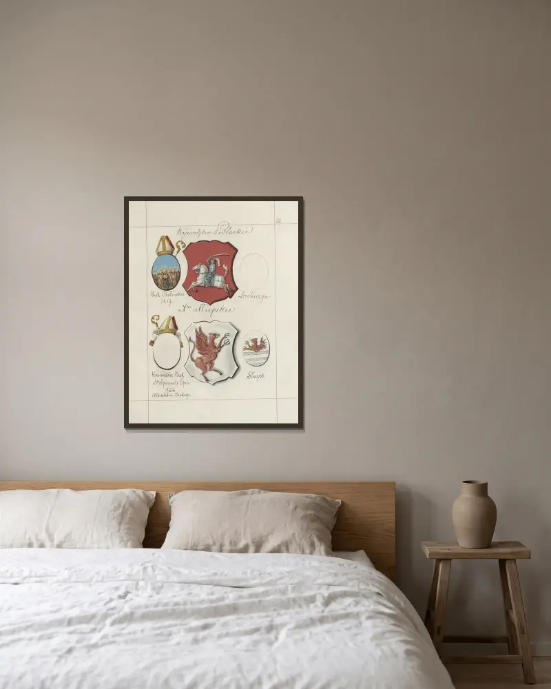 Wappen der Republik Polen und des Großfürstentums Litauen. Bd. 1 Taf. 047 von Boleslaw Starzyński gerahmt an einer Wand