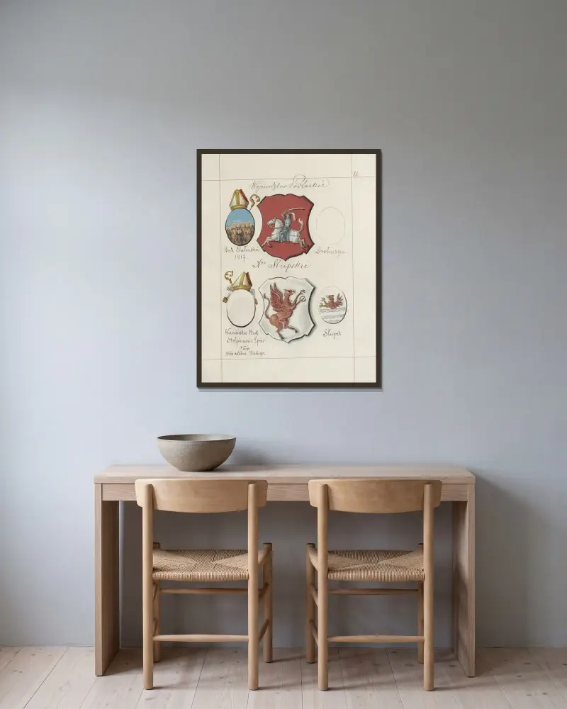 Wappen der Republik Polen und des Großfürstentums Litauen. Bd. 1 Taf. 047 von Boleslaw Starzyński gerahmt an einer Wand