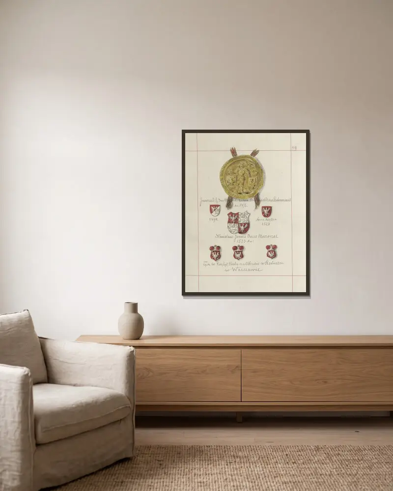 Wappen der Republik Polen und des Großfürstentums Litauen. Bd. 1 Taf. 70 von Boleslaw Starzyński gerahmt an einer Wand