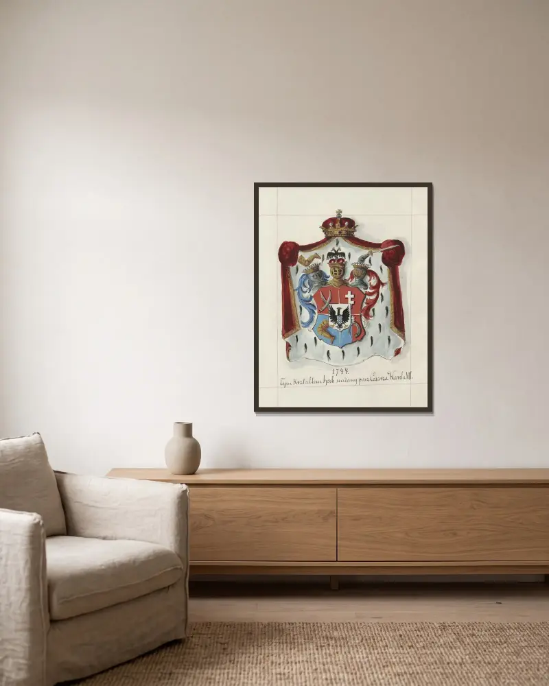 Wappen der Republik Polen und des Großfürstentums Litauen. Bd. 1 Taf. 105 von Boleslaw Starzyński gerahmt an einer Wand