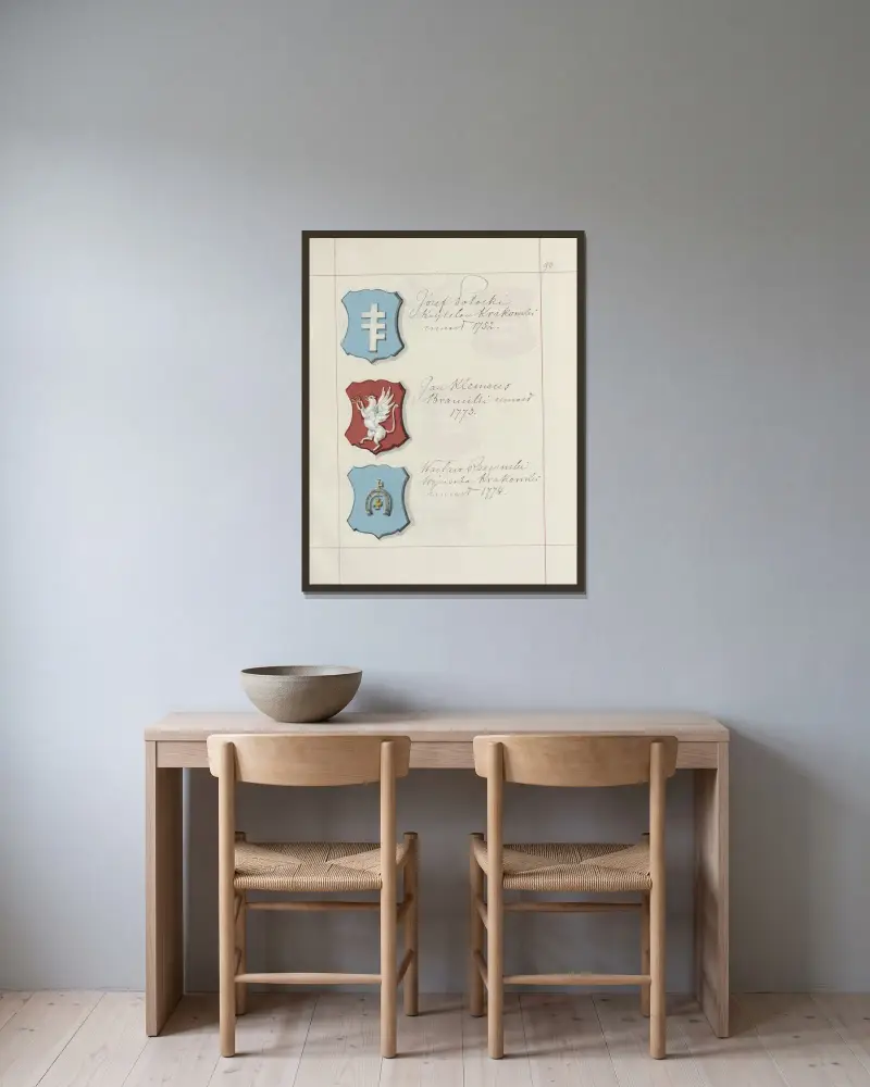 Wappen der Republik Polen und des Großfürstentums Litauen. Band 1, Tafel 120 von Boleslaw Starzyński gerahmt an einer Wand