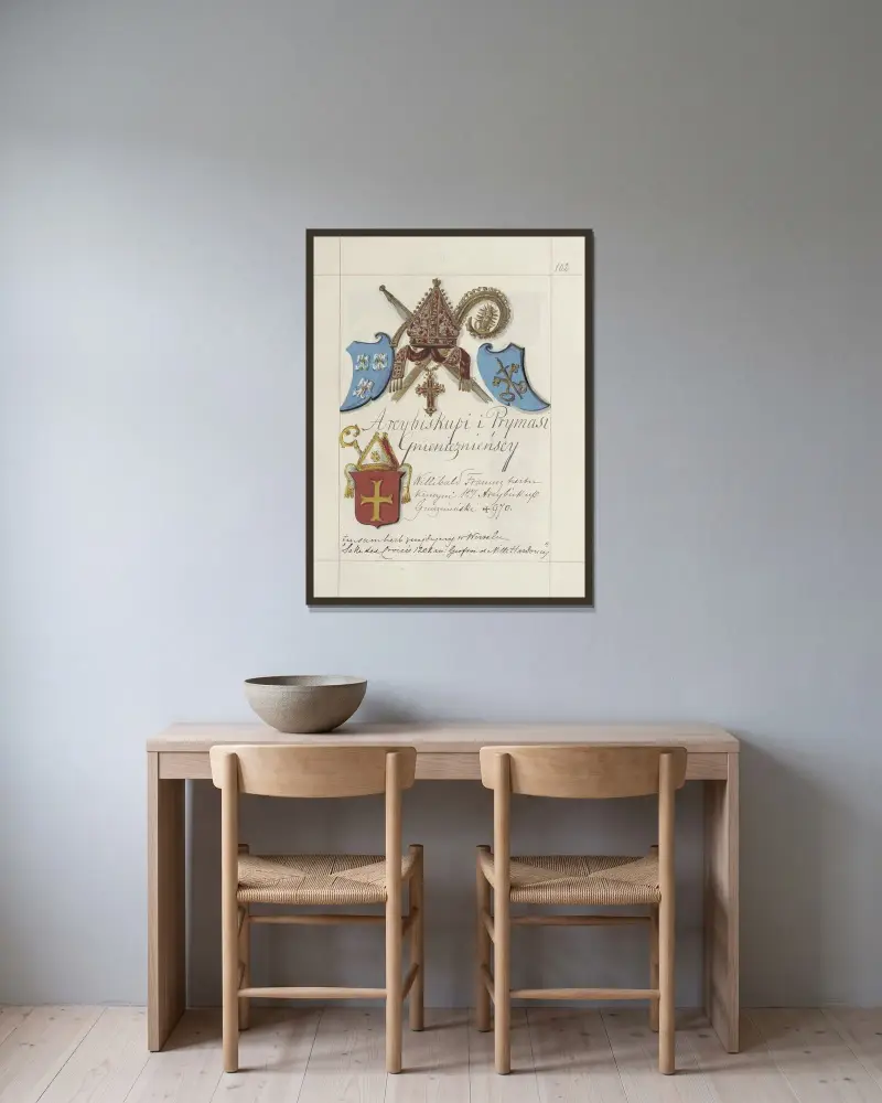 Wappen der Republik Polen und des Großfürstentums Litauen. Bd. 1 Taf. 144 von Boleslaw Starzyński gerahmt an einer Wand