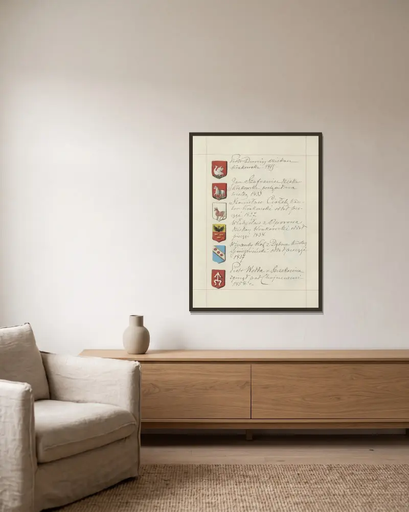 Wappen der Republik Polen und des Großfürstentums Litauen. Bd. 1, Tafel 176 von Boleslaw Starzyński gerahmt an einer Wand