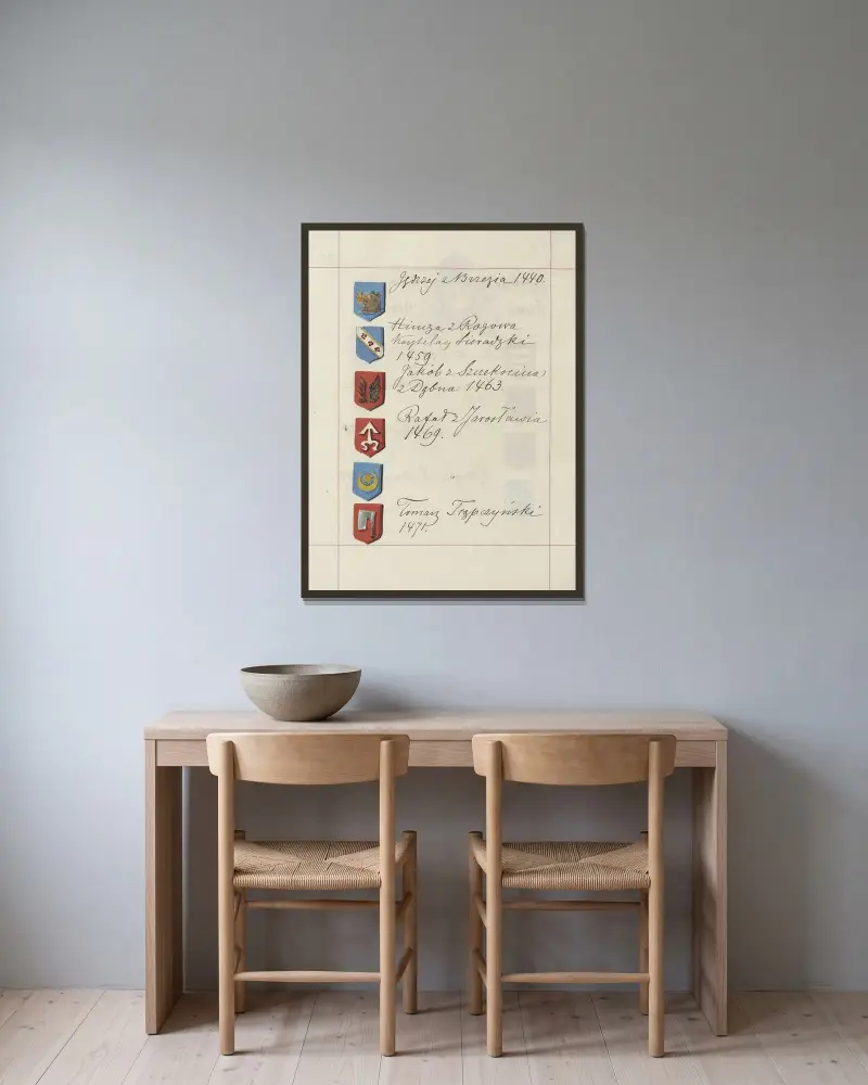 Wappen der Republik Polen und des Großfürstentums Litauen, 1875 – Nr. 7 von Boleslaw Starzyński gerahmt an einer Wand