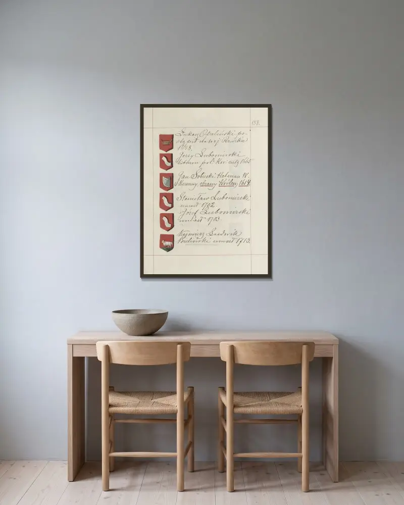 Wappen der Republik Polen und des Großfürstentums Litauen. Bd. 1, Tafel 212 von Boleslaw Starzyński gerahmt an einer Wand
