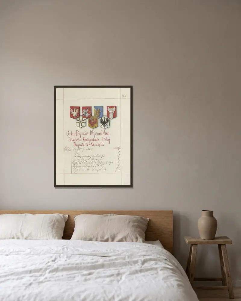 Wappen der Republik Polen und des Großfürstentums Litauen. Bd. 1 Taf. 259 von Boleslaw Starzyński gerahmt an einer Wand
