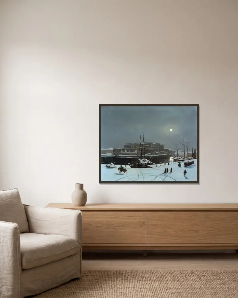 Blick auf das Königliche Schloss in Stockholm. Winter von Carl Stefan Bennet gerahmt an einer Wand