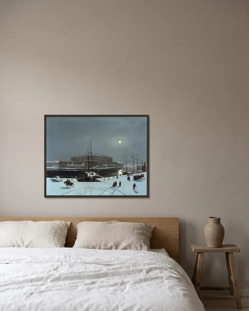 Blick auf das Königliche Schloss in Stockholm. Winter von Carl Stefan Bennet gerahmt an einer Wand