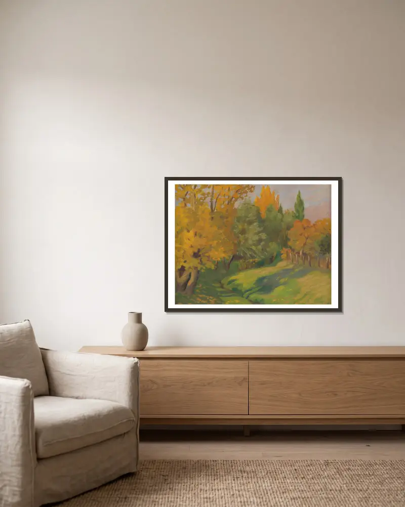 Herbstlandschaft von Štefan Polkoráb gerahmt an einer Wand