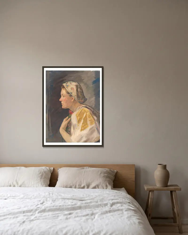 Girl in a Bonnet av Štefan Polkoráb inramad på en vägg