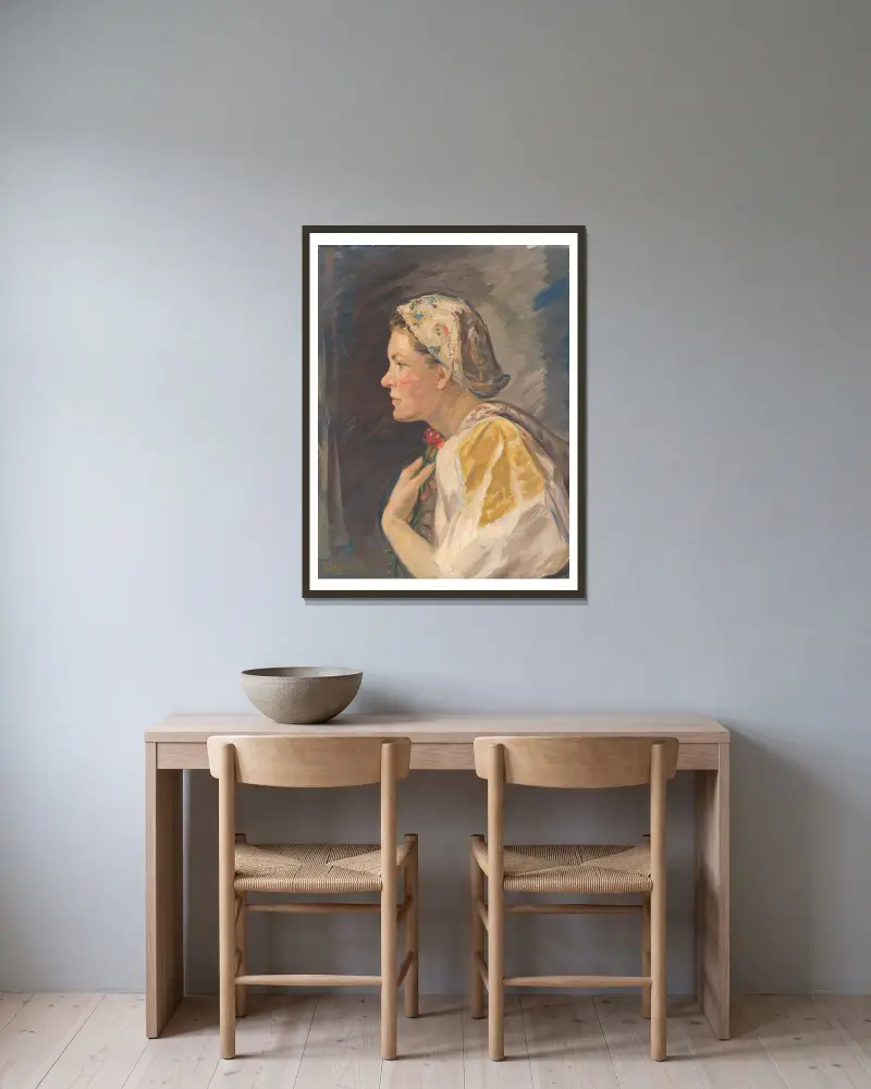 Girl in a Bonnet av Štefan Polkoráb inramad på en vägg