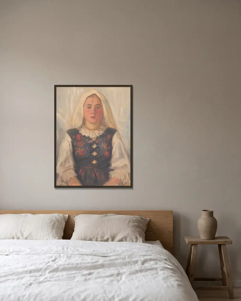 Girl in Folk Costume av Štefan Polkoráb inramad på en vägg