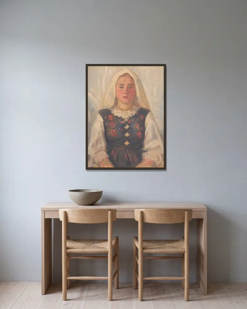 Girl in Folk Costume av Štefan Polkoráb inramad på en vägg