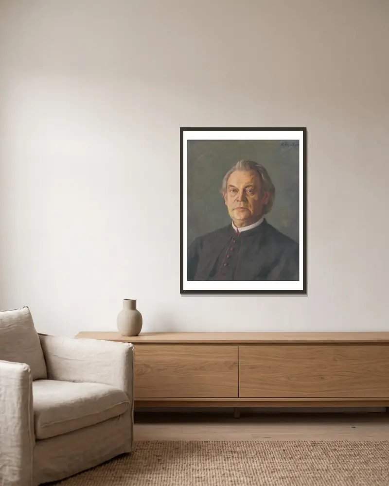 Portrait of Msgr. Kolíska av Štefan Polkoráb inramad på en vägg