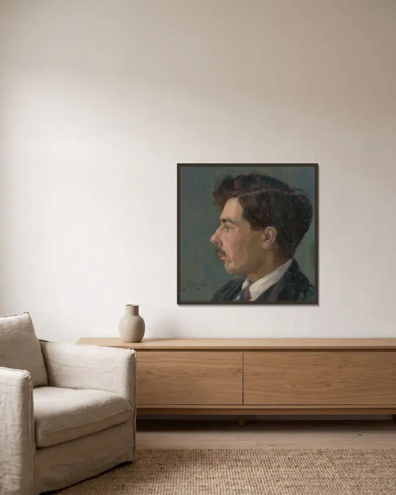 Portrait of the Artist J. Korezska av Štefan Polkoráb inramad på en vägg