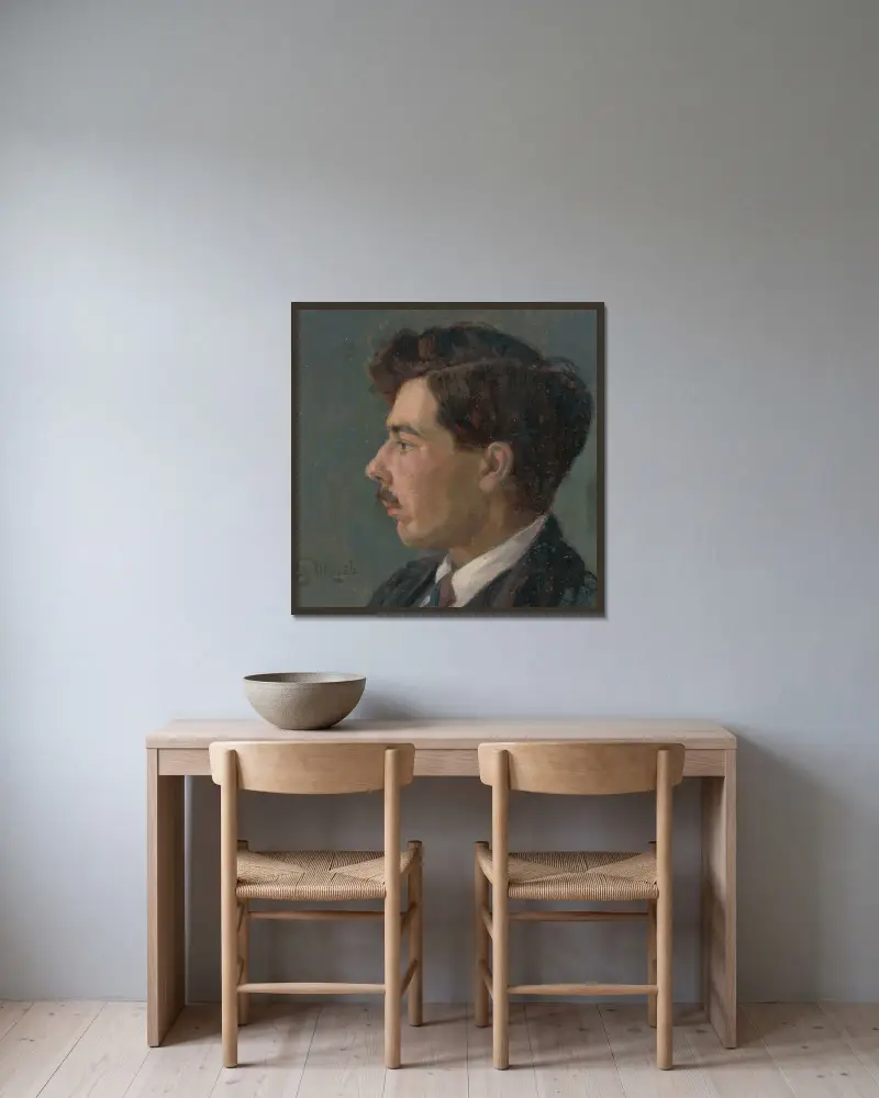 Portrait of the Artist J. Korezska av Štefan Polkoráb inramad på en vägg